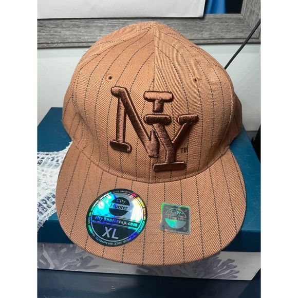 NY Pinstripe Hat Brown with Embroidered‎ NY and New York in Back XL 7 3/4 - Picture 1 of 4